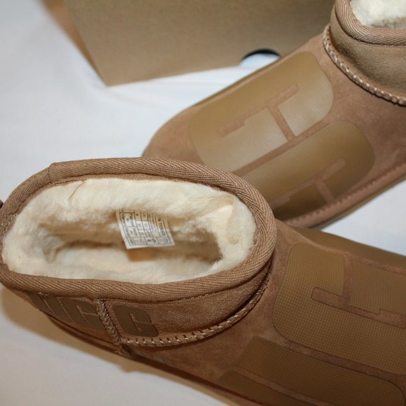 NIB UGG WOMEN'S ULTRA MINI LOGO SUEDE SHEARLING LINED CHESTNUT BOOTS 7 - Picture 4 of 7